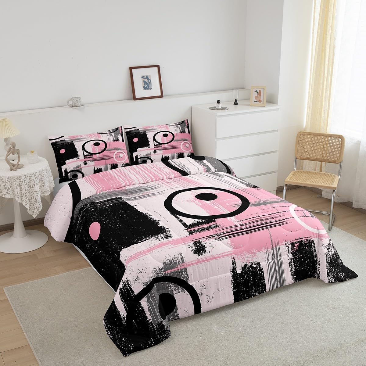 Kids Abstract Art Comforter Set Full Size Geometric Bedding Set for Boys Girls Teens Bedroom Decor Geometry Pink Grey Black Comforter Women Men Modern Duvet Set with 2 Pillow Case