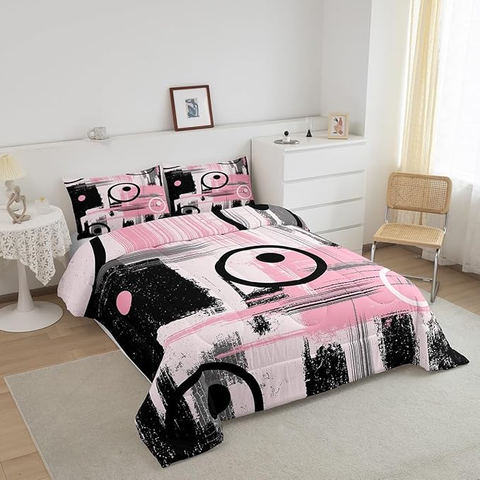 Kids Abstract Art Comforter Set Full Size Geometric Bedding Set for Boys Girls Teens Bedroom Decor Geometry Pink Grey Black Comforter Women Men Modern Duvet Set with 2 Pillow Case