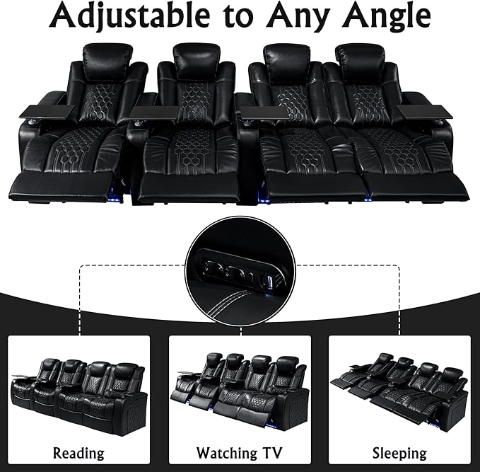 Home Theater Seating, Living Room, Powered Headrest, Powered Lumbar, Italian Leather, Powered Recline, Single Recliner (Black, Row of 4 Loveseat Right)