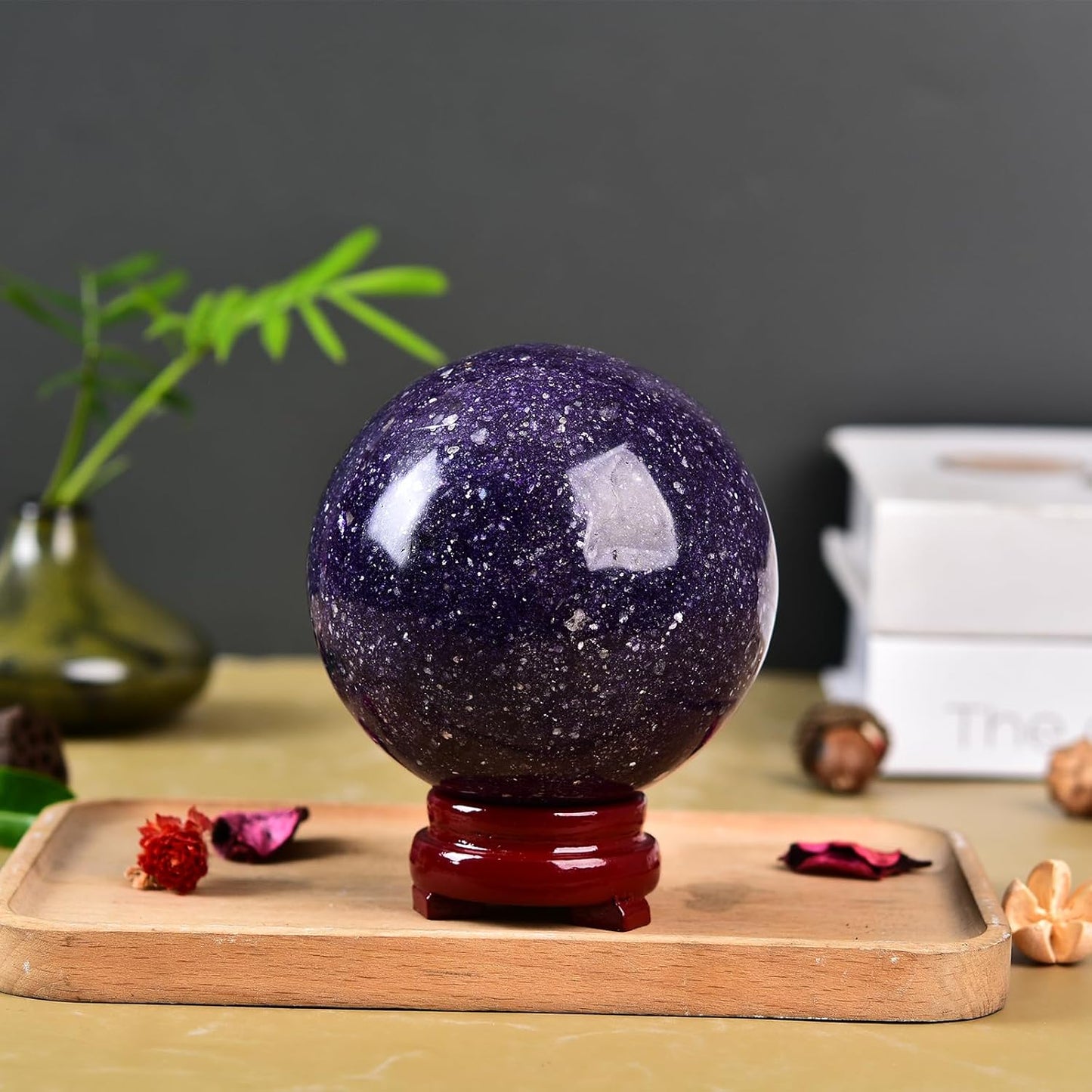 JIC Gem Deep Purple Lepidolite Sphere with Stand Natural Sparkling Lithia Mica Crystal Ball Brazil Mineral Gemstone (80-90mm)