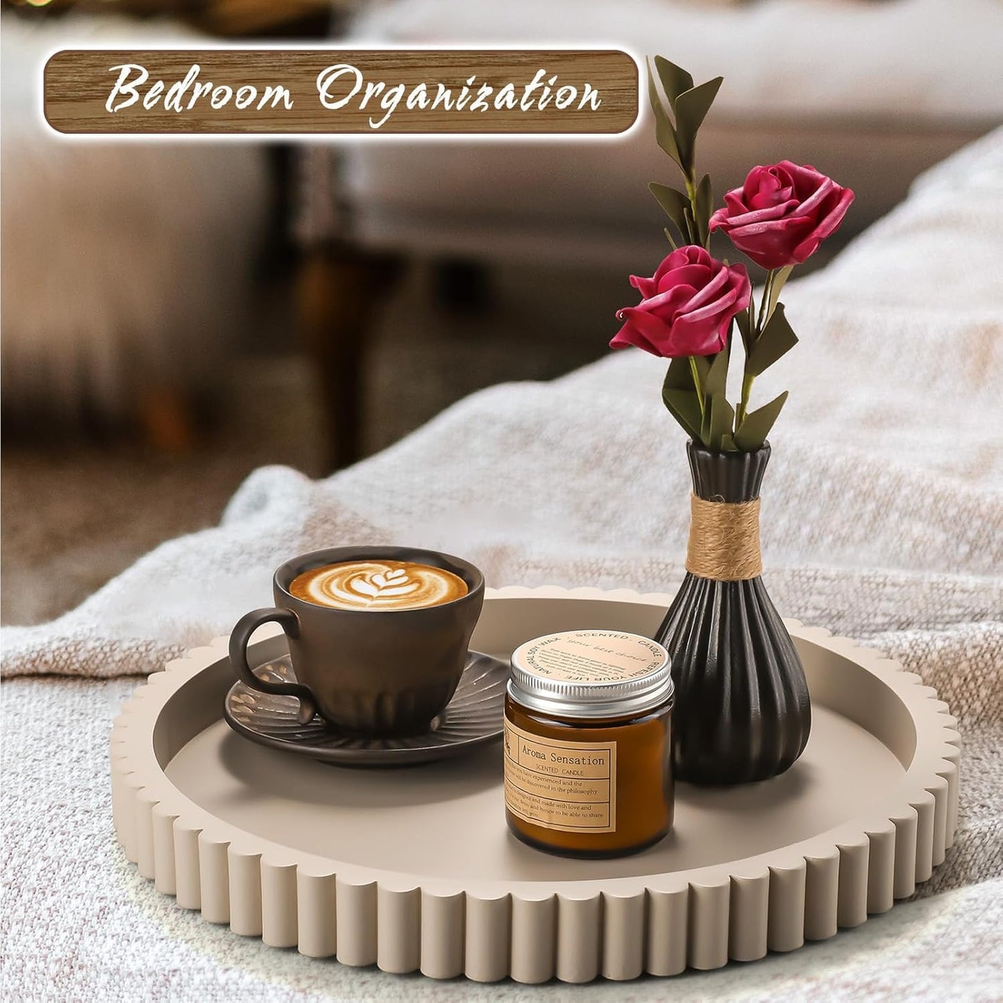 Handmade 12in Decorative Tray for Coffee Table Tray Decor, Gray Wooden Decorative Round Tray for for Coffee Table, Dining Room Table Entryway and Living Room Table