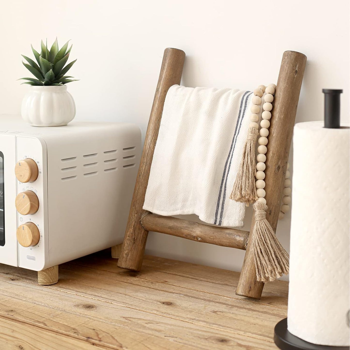 FUIN Fully Assembled Wooden Tea Towel Ladder, Mini Ladder Towel Rack Display Hanger, Small Rustic Farmhouse Tea Towel Stand Holder for Country Bathroom Decor, Brown