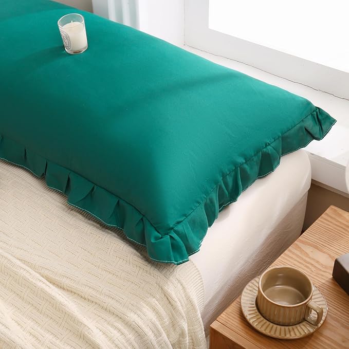 Merryword Dark Green Pillow Shams Green King Pillowcases Cute Pillow Cover Set of 2 Soft Shabby Chic Ruffled Pillowcases 2 Pack (King (20''x36''), Dark Green)