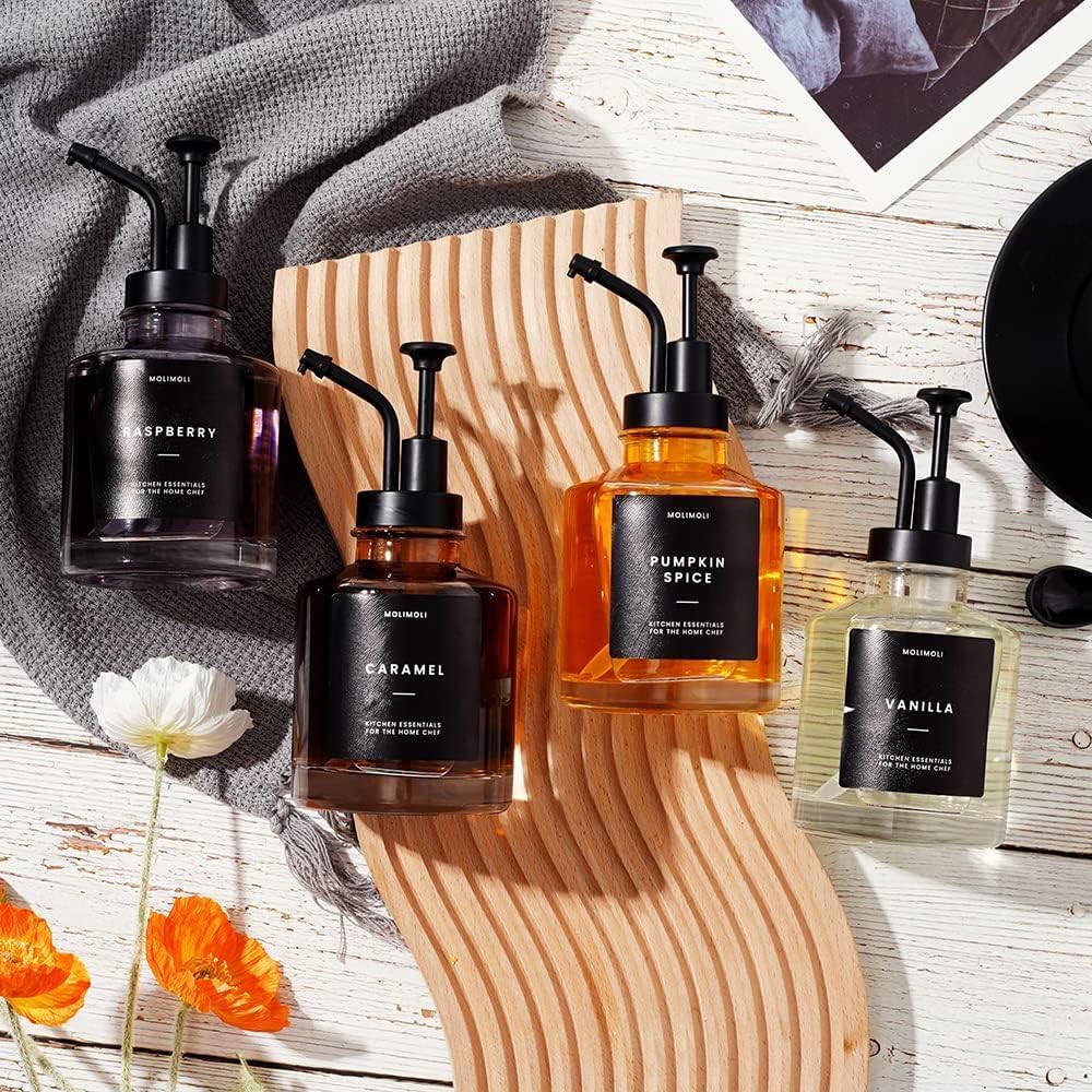 Molimoli Coffee Syrup Dispenser - Glass Bottle w. Pump, 11.8 oz 350 ml, Set of 2, Black Upgraded Pump