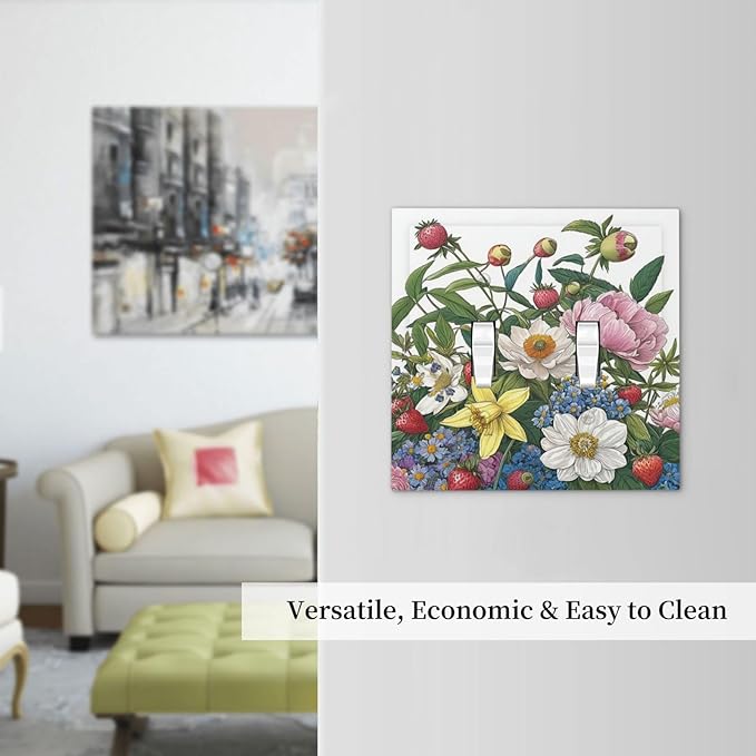 Spring Watercolor Flower Plant Strawberry Peony Floral Decorative Switch Plates 2 Gang Double Toggle Wall Plate Electrical Faceplate Outlet Light Switch Cover for Bedroom living Room Decor