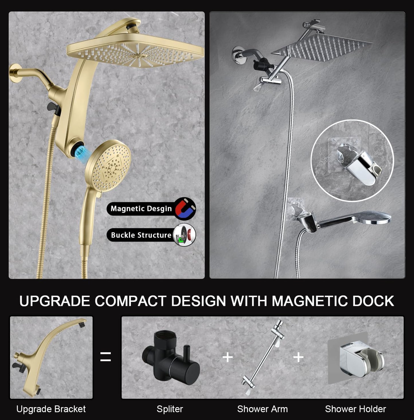 High Pressure Rain Shower Head: Upgrade Shower Heads with Handheld Spray Combo with Fixed Showerhead and 10 Sprays Handheld Shower Head, Detachable Shower head Built-in Power Jets