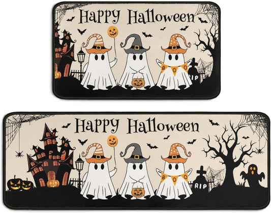 2 Piece Halloween Kitchen Decor Rugs Set,Cute Ghost Kitchen Rugs and Mats Non Skid Washable Absorbent Kitchen Accessories Decoration Floor Mats 17"x47"+17"x30"