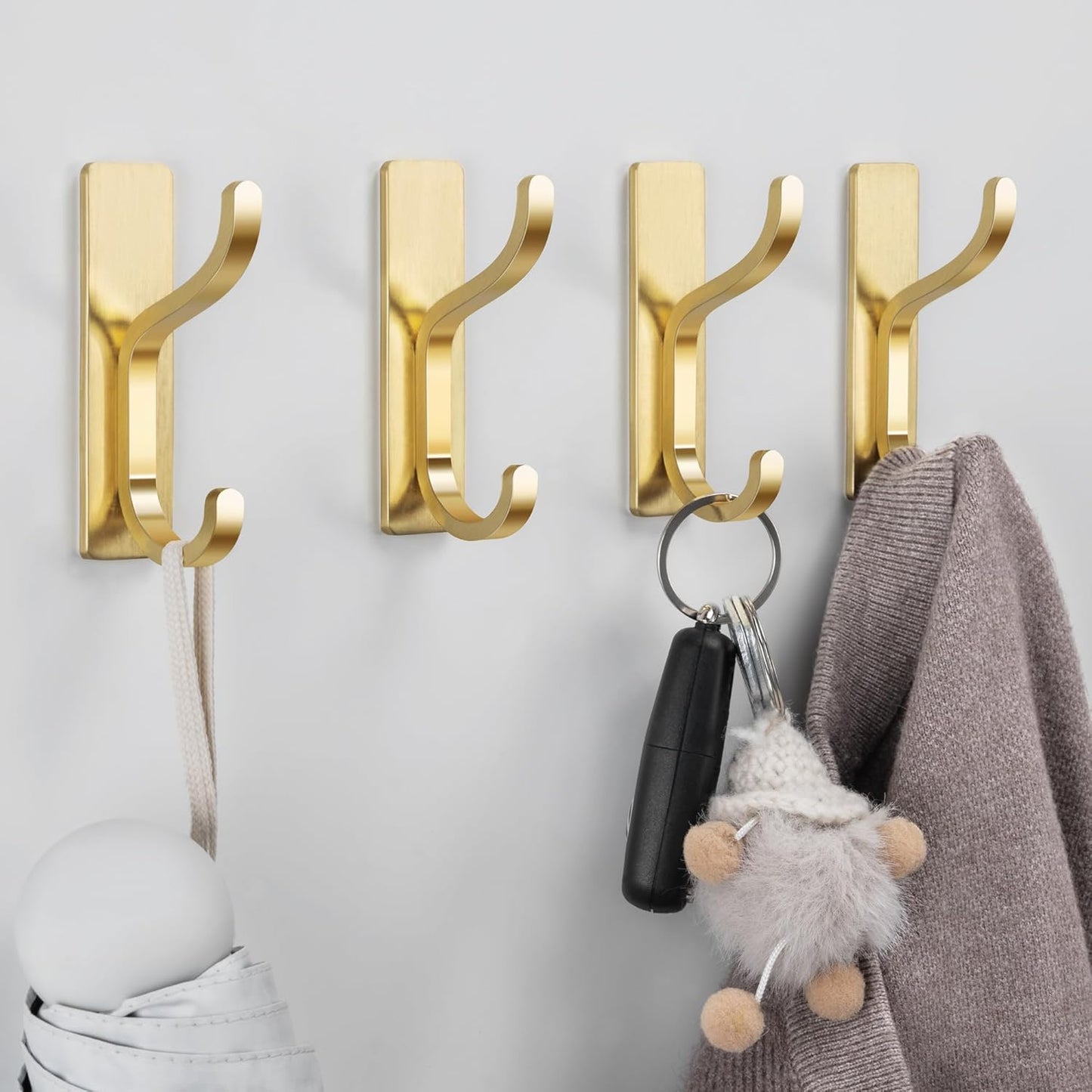 pickpiff Gold Adhesive Wall Hooks for Hanging - Heavy Duty 13 lb Sticky Towel Hooks for Bathroom, Door, Closet, Dorm, RV, or Kitchen, Metal Hanger for Coats, Bags, Keys, Purse, Jacket, Clothes