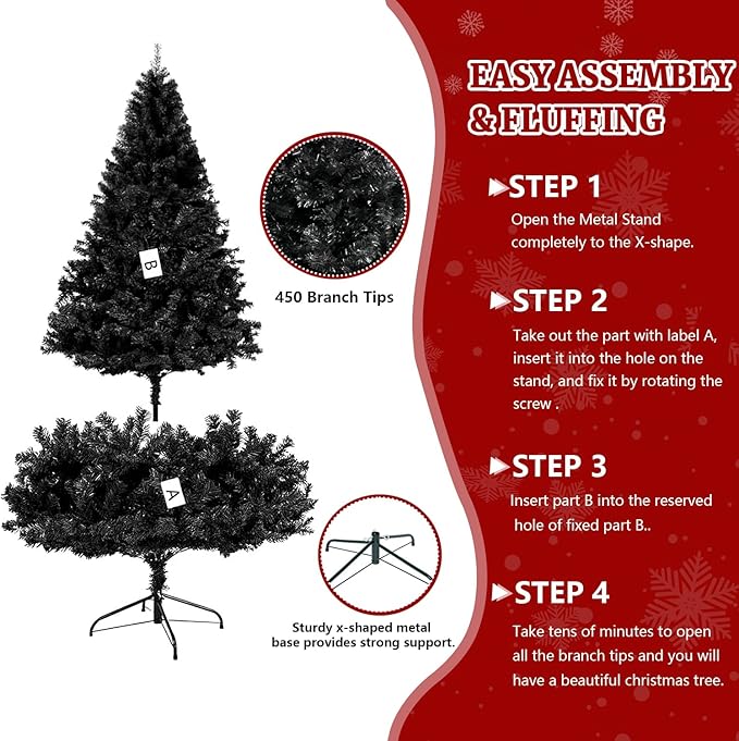 4ft Black Artificial Christmas Tree, Arbol de Navidad with 450 Branch Tips, Fake Christmas Tree, Premium Spruce Xmas Tree with Fold-Able Metal Base Stand