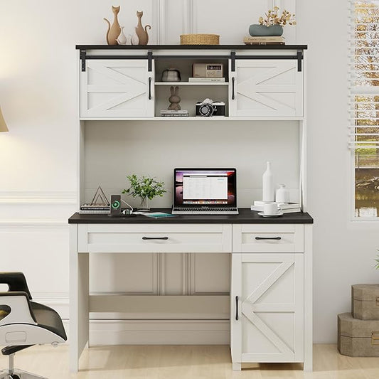 Farmhouse 47" Executive Desk, Computer Desk with Drawers and Storage Cabinet, Home Office Desks with Hutch and Charging Station, Workspace for Work & Study (Black).