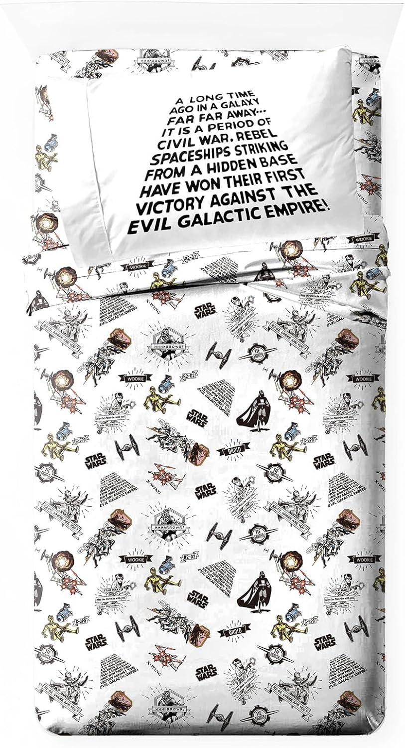 Jay Franco Kids Sheet Set with Fitted, Flat Sheets & Pillow Cover - Ultra-Soft Bedding with Pillowcase for Room Decor, White - Star Wars, 3 Piece Twin