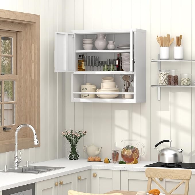 LUCYPAL Metal Wall Cabinet,Garage Wall Mounted Cabinets with Adjustable Shelf and Doors,Steel Hanging Cabinet with Open Storage for Home Office,Bathroom,Kitchen,White