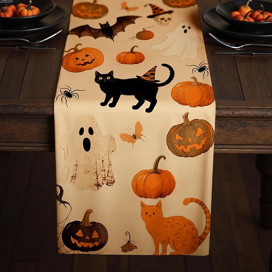 Halloween Table Runner with Spooky Pumpkins & Halloween Icons, Table Decoration for Dining Party and Home Decor,72x13 inches