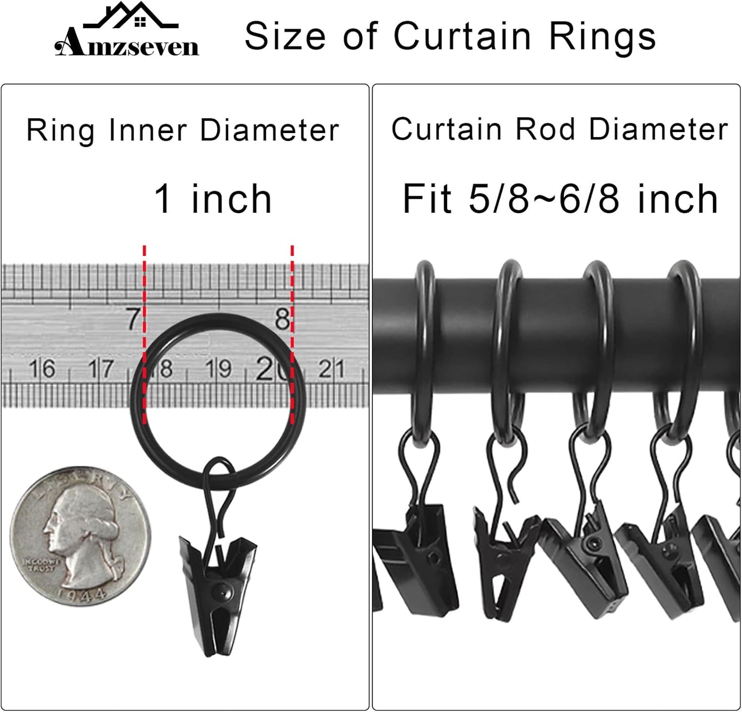 100 Pack Metal Curtain Rings with Clips, Drapery Clips with Rings, Drapes Rings 1 inch Inner Diameter, Fits Diameter 5/8 inch Curtain Rods, Black