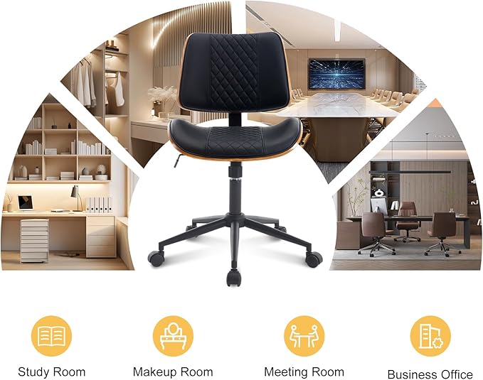 BV Small Desk Chair, Mid Century Office Chair with Bentwood Back, Armless Task Swivel Chair with Wheels, Mid Back No Arms, Faux Leather Office Chairs for Small Space, Black