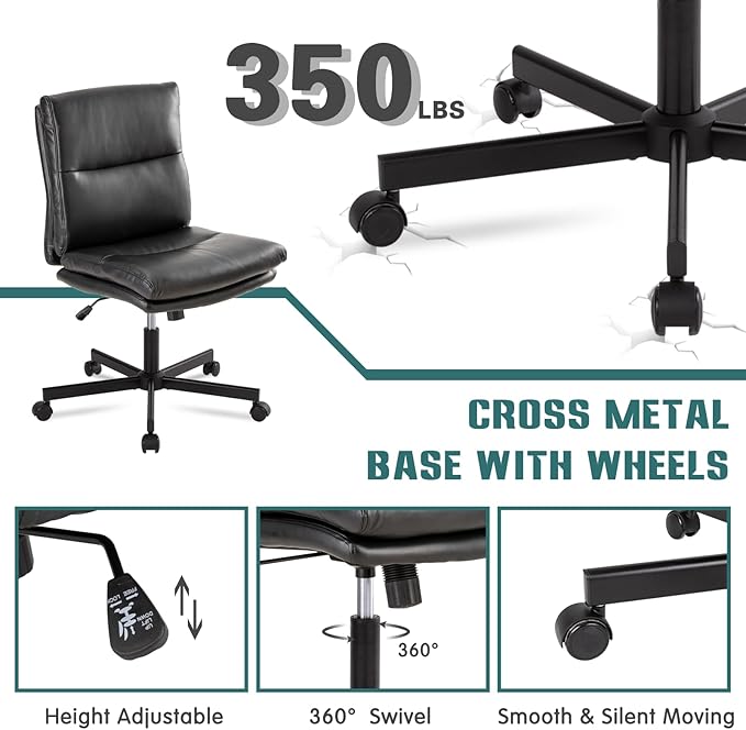 LUCKWIND Armless Office Desk Chair with Wheels, Mid-Back Criss Cross Swivel Task Chair, Height Adjustable Cushioned Vanity Chair, Double Padded PU-Leather Chairs for Home, Office & Bedroom (Black)