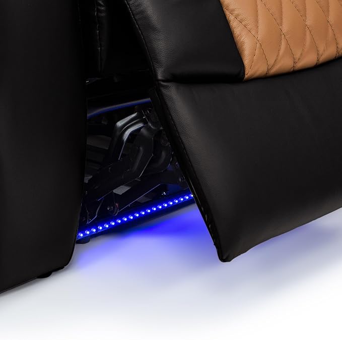 Seatcraft Diamante - Home Theater Seating - Living Room - Power Recline - Italian Leather - Powered Headrests - Cupholders - USB Charging - Ambient Lighting - Arm Storage, Black/Tan Oak, Row of 3