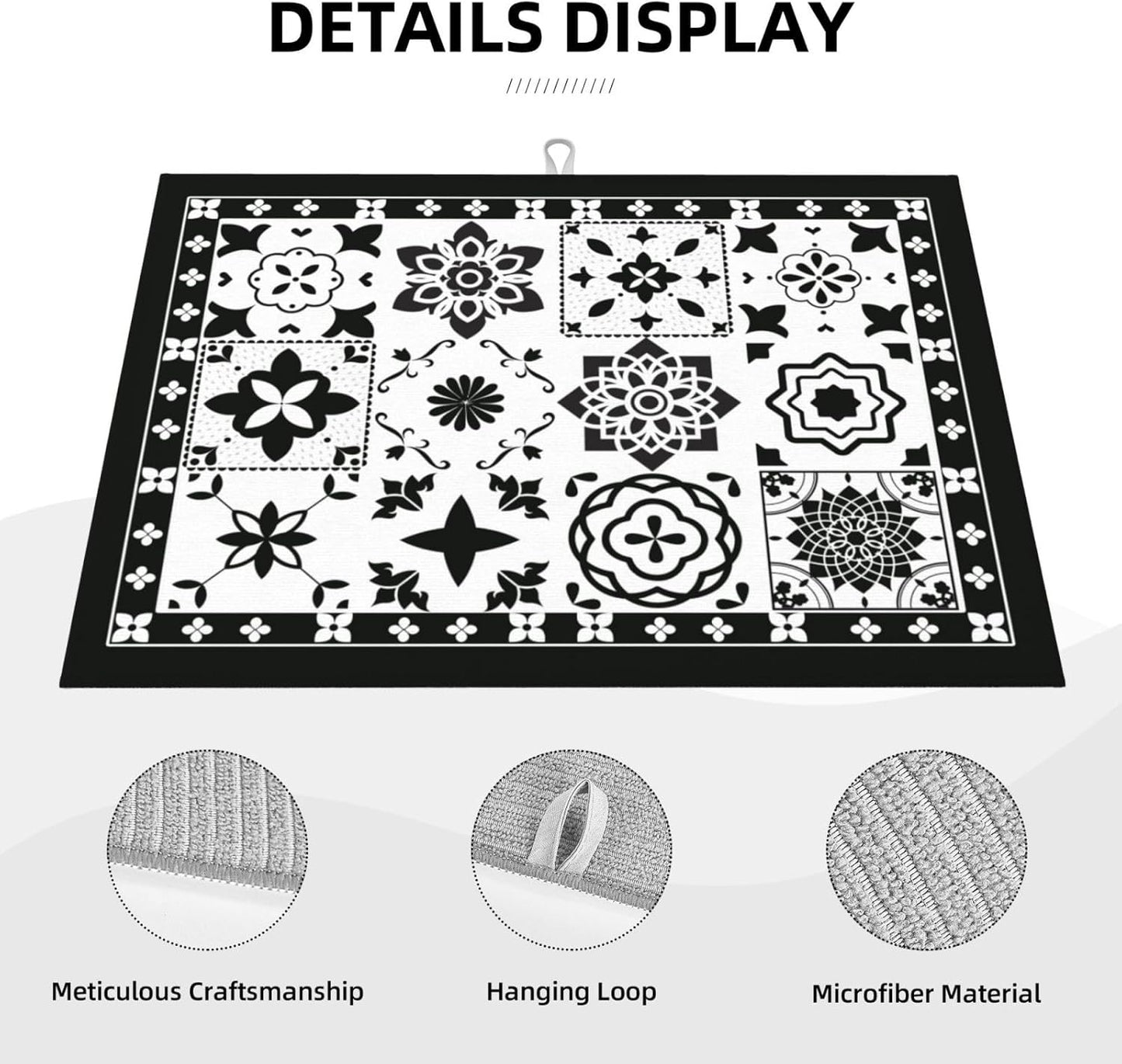 Retro Black Pattern Dish Drying Mat 18x24 For Kitchen Counter Absorbent Microfiber Dishes Pad Dish Drainer Rack Mats Fast Dry Kitchen Accessories