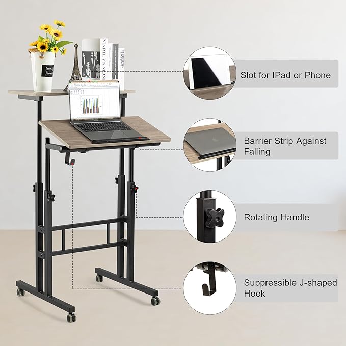 Hadulcet Mobile Standing Desk with Charging Station, Adjustable Standing Computer Desk, Standing Adjustable Laptop Cart with Wheels for Home Office Classroom Light Grey