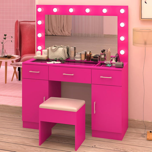 Karl home Vanity Desk with Large Lighted Mirror & Powre Outlet, Glass Tabletop Makeup Vanity Set with 3 Drawers & 2 Cabinet, 45.3" Make up Dressing Table with 12 Lights for Bedroom, Pink