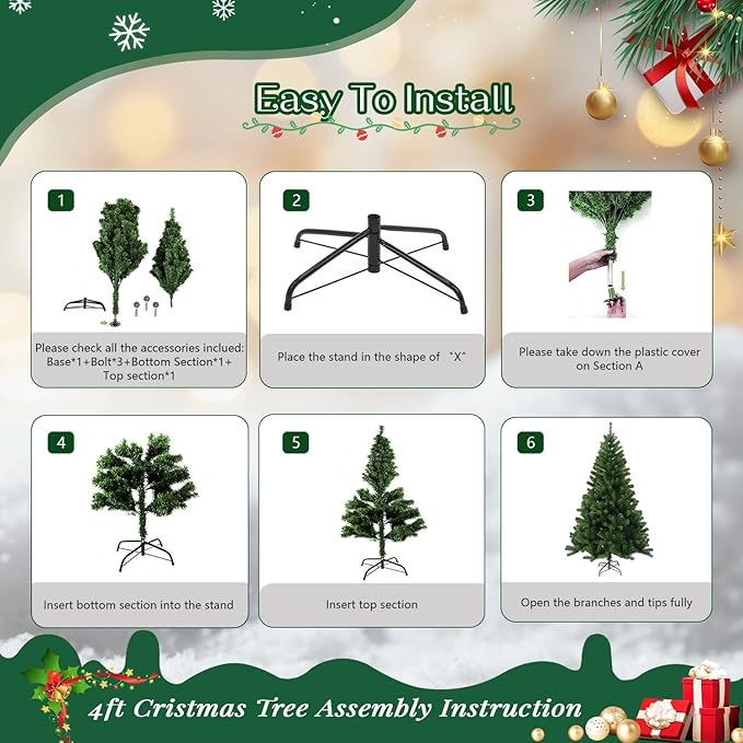 4ft Artificial Christmas Tree, Arbol de Navidad with 450 Branch Tips, Premium North Valley Spruce with Fold-Able Base Stand, Xmas Tree for Home, Office, Shop Decoration