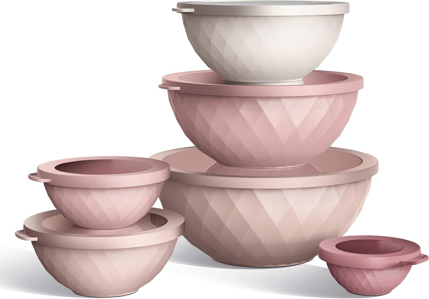 COOK WITH COLOR Mixing Bowls with Lids - 12 Piece Plastic Nesting Bowls Set includes 6 Prep Bowls and 6 Lids, Diamond Design - Microwave Safe, Pink