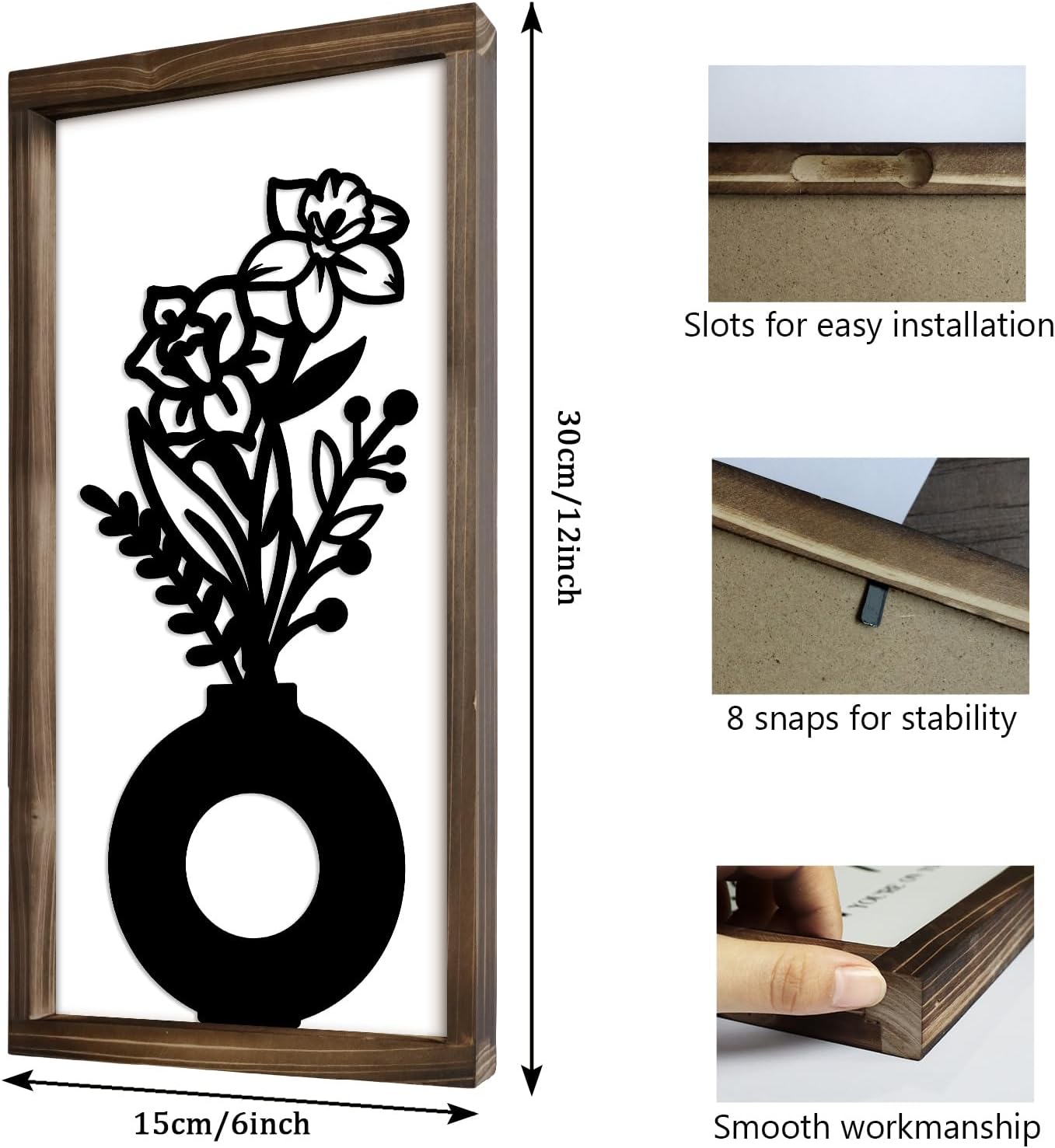 Kas Home 3D Floral Wall Art, 2 Set Rustic Wood Boho Flower with Vase Framed Wall Decor for Bathroom Living Room Bedroom Office Housewarming Gift, Ready To Hang Plaque Sculptures (White-B, 6L" x 12W", Framed)