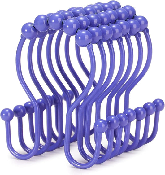 Goowin Shower Curtain Hooks, 12 Pcs Shower Curtain Rings, Stainless Steel Shower Curtain Hooks Rings Rust Proof, Smooth Sliding Anti-Drop Double Shower Hooks for Shower Curtain, Rods (Purple)
