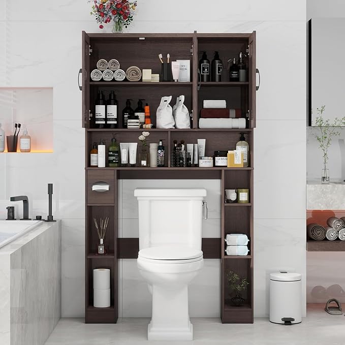 Over The Toilet Storage Cabinet, Farmhouse Toilet Cabinet Rack with 3 Barn Doors, Space Saving Bathroom Organizer with Shelves, Toilet Paper Holder and Towel Rack for Bathroom,Restroom, Espresso