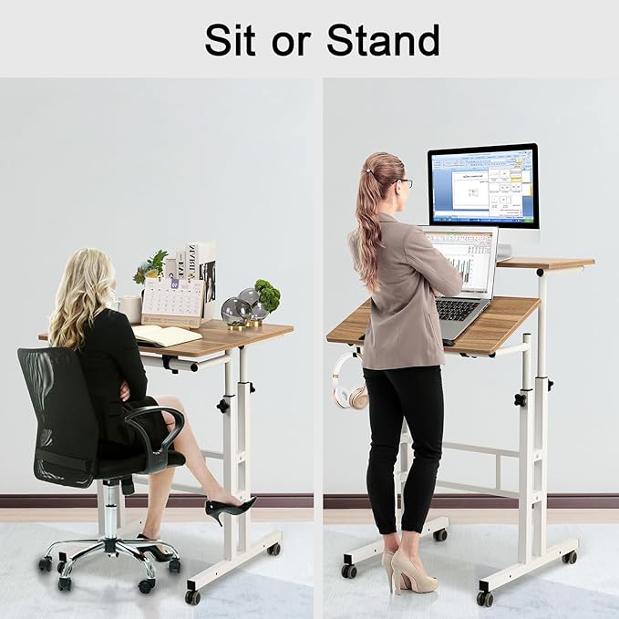 Hadulcet Mobile Standing Desk with Charging Station, Adjustable Standing Computer Desk, Standing Adjustable Laptop Cart with Wheels for Home Office Classroom Vintage Oak