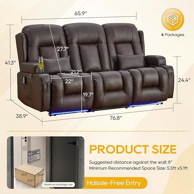 IPKIG 76" Power Reclining Sofa, Electric Home Theater Seating with Flipped Middle Backrest/LED Lighting/USB Ports/Built-in Outlets, Dual Recliner Sofa 3 Seater for Living Room RV (Brown)