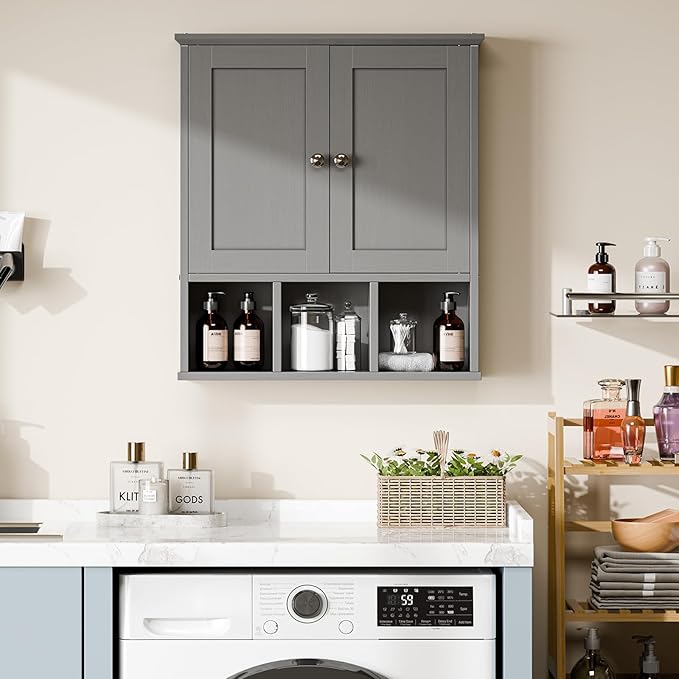 Meilocar Bathroom Wall Cabinet, Bathroom Cabinet Wall Mount with 2 Doors and 3 Open Shelves, Over The Toilet Wood Medicine Cabinets for Laundry Room, Grey