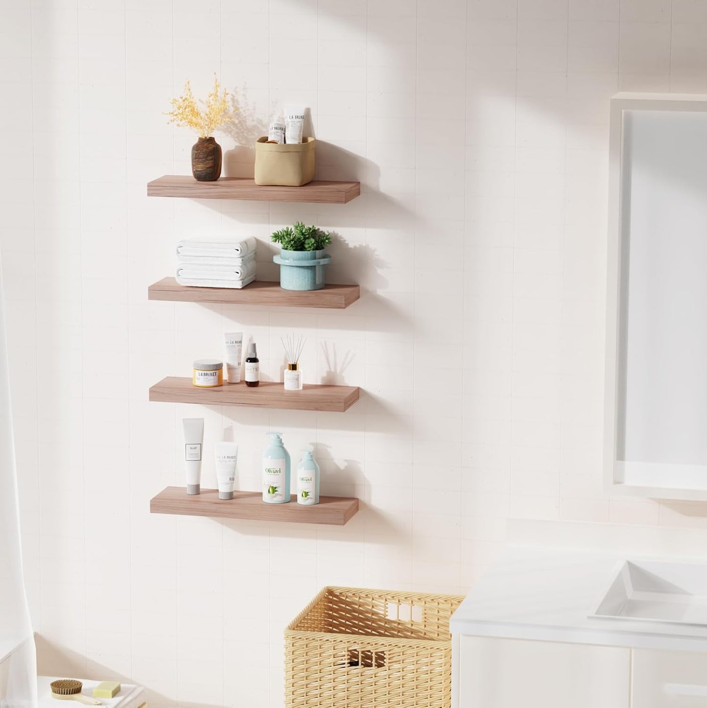 Bellsal Floating Shelves for Wall, Mahogany Wood Wall Shelf Set of 4, 16" Mounted Floating Shelf for Kitchen, Living Room, Bedroom, Bathroom Storage, Book Shelf for Home Decor, Frame Display