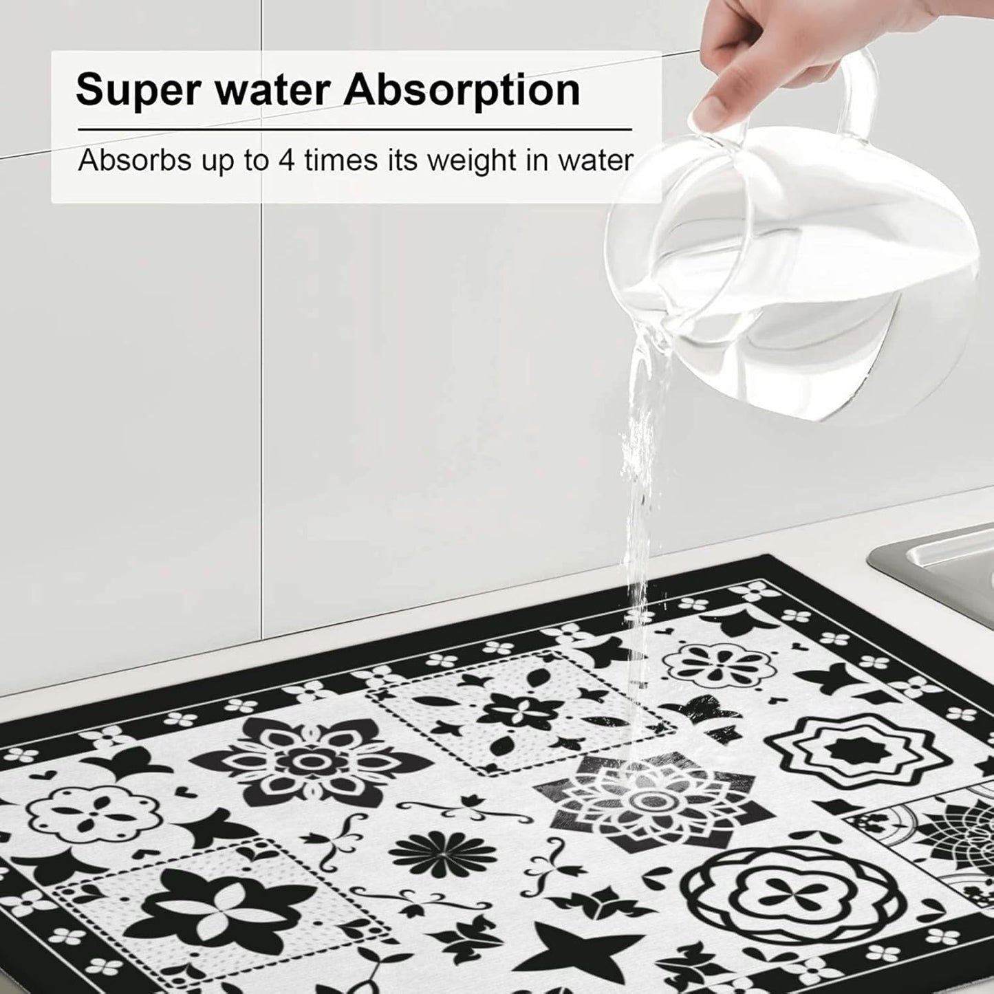 Retro Black Pattern Dish Drying Mat 18x24 For Kitchen Counter Absorbent Microfiber Dishes Pad Dish Drainer Rack Mats Fast Dry Kitchen Accessories