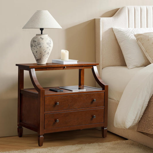 HULALA HOME Large Farmhouse Nightstand with Charging Station, Mid-Century Modern 2 Drawer Dresser, Bedside Table with Pull Out Shelf and Hidden Storage Space for Bedroom, Walnut