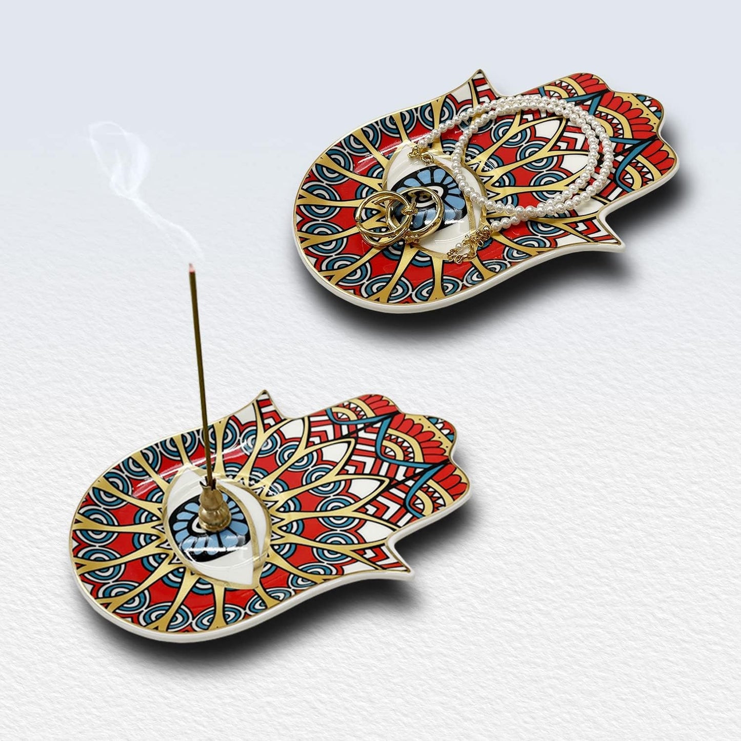 Ceramic Hamsa Hand Incense Holder - 2 in 1 Brass Incense Holder for Sticks and Coil Incense- Zen Decor with Hand of Fatima Design Protection from Evil - 6.2" L X 4.5" W (red)