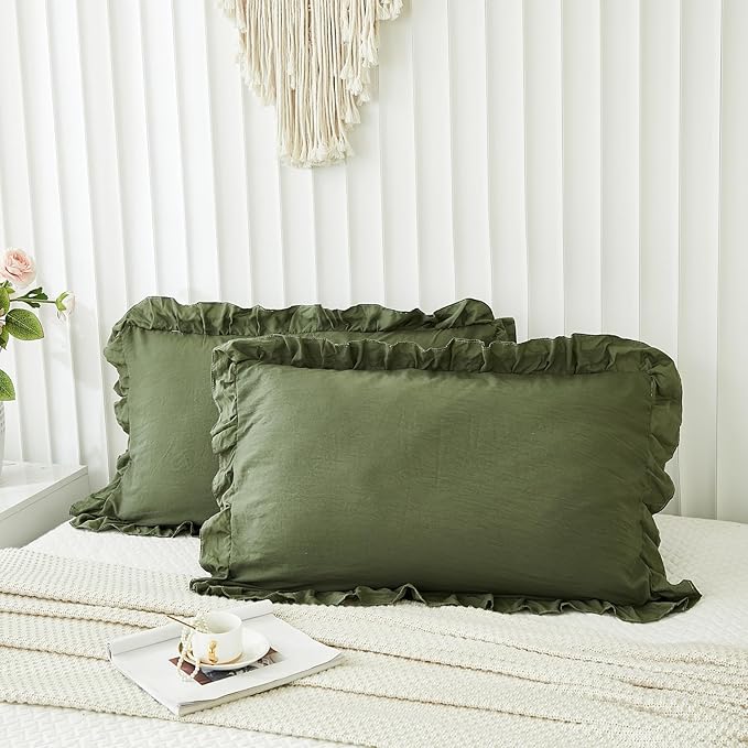 Merryword Olive Green Pillow Shams Standard Pillowcases 20x26inch Dark Green Ruffle Cute Pillow Cover Set of 2 Shabby Chic Soft Microfiber