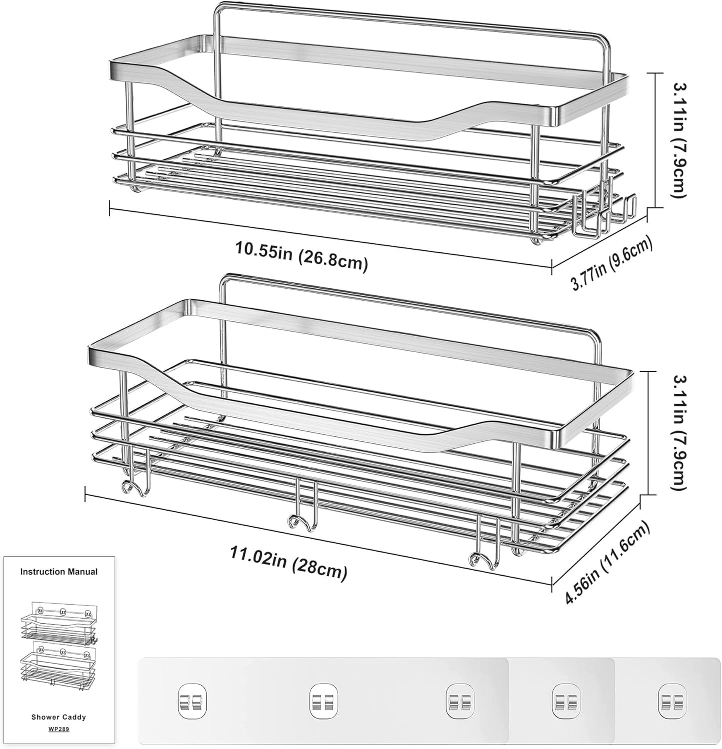 Orimade Shower Caddy Basket Shelf Storage Rack Pack of 2, No Drilling Wall Mounted Adhesive Rust Proof Stainless Steel Shower Organizer with 5 Hooks for Bathroom, Toilet, Kitchen