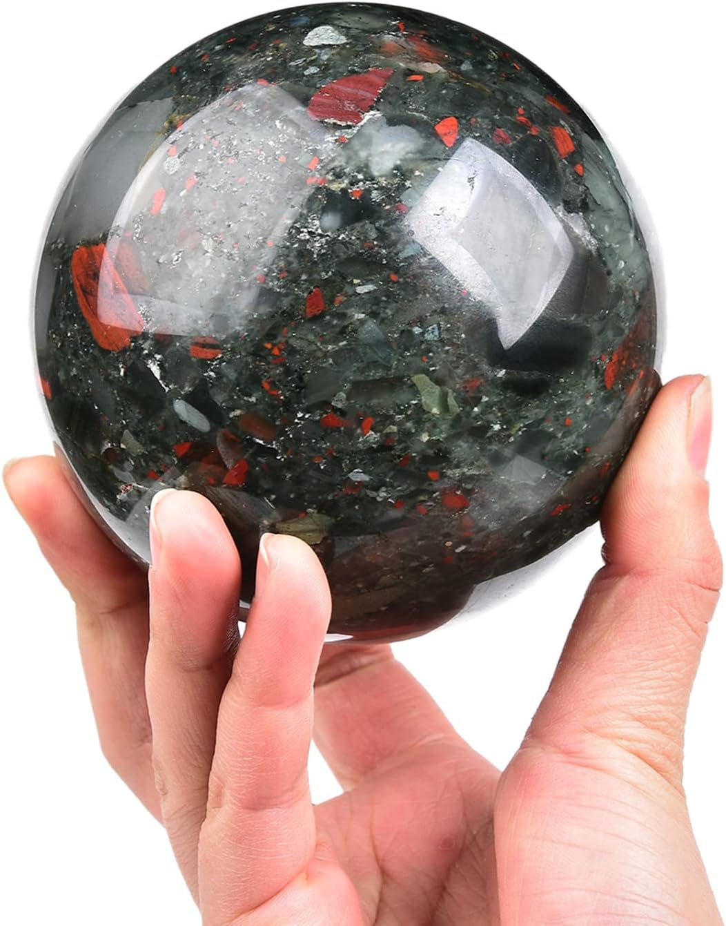 JIC Gem Large Healing Crystal Ball with Decoation Stand African Bloodstone Gemstone Sphere Ball for Meditation Energy Reiki Ball (90-100mm)