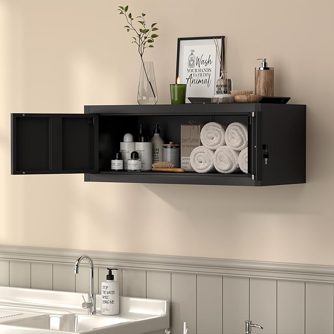 LUCYPAL Metal Garage Storage Cabinets,12.8" H Metal Wall Cabinet with Locking Doors,Upper Tool Cabinet with Shelf for Home Office,Kitchen,Garage,Workshop,Black