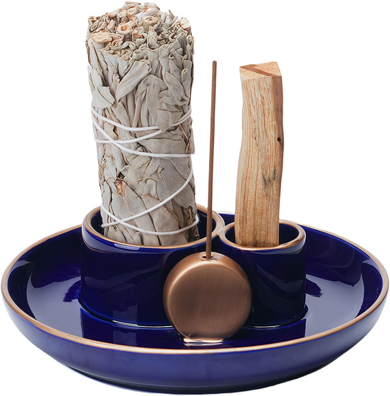 4 in 1 Incense Holder, Ceramic Incense Stick and Palo Santo Holder,Sage Holder for Burning- 5.5" Ceramic Ash Catcher Tray for Meditation and Yoga Room (Blue Golden)