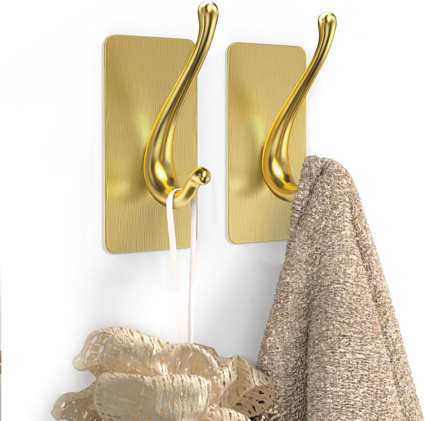 Towel Hooks, Solid Alloy Adhesive Wall Hooks for Hanging, Towel Hooks for Bathroom, RV, Kitchen, Closets, etc (Bright Gold, 2 Pack)