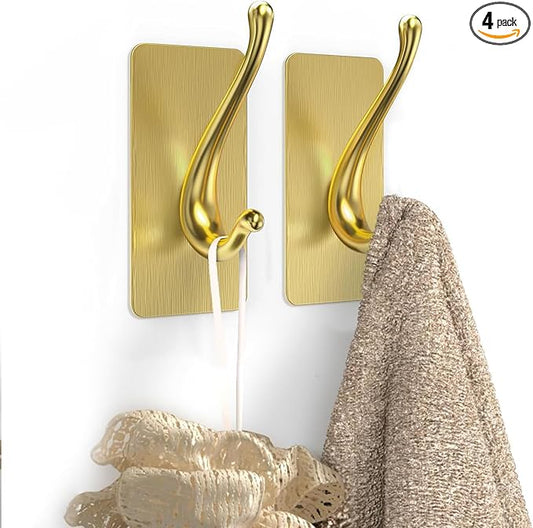 Towel Hooks, Solid Alloy Adhesive Wall Hooks for Hanging, Towel Hooks for Bathroom, RV, Kitchen, Closets, etc (Bright Gold, 2 Pack)