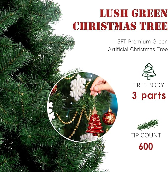 5FT Green Christmas Tree, Small Spruce Artificial Holiday Xmas Tree with 600 PVC Branch Tips & Foldable Metal Stand for Home, Office, Party Decoration