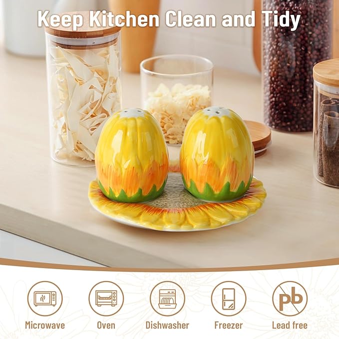 Salt and Pepper Shakers Set,Ceramic Cute Salt Pepper Shaker with Tray,Farmhouse Kitchen Gadget Decor, Sunflower Spice Salt Shaker for Home Restaurants, Cooking Table, Camp, BBQ, Refillable