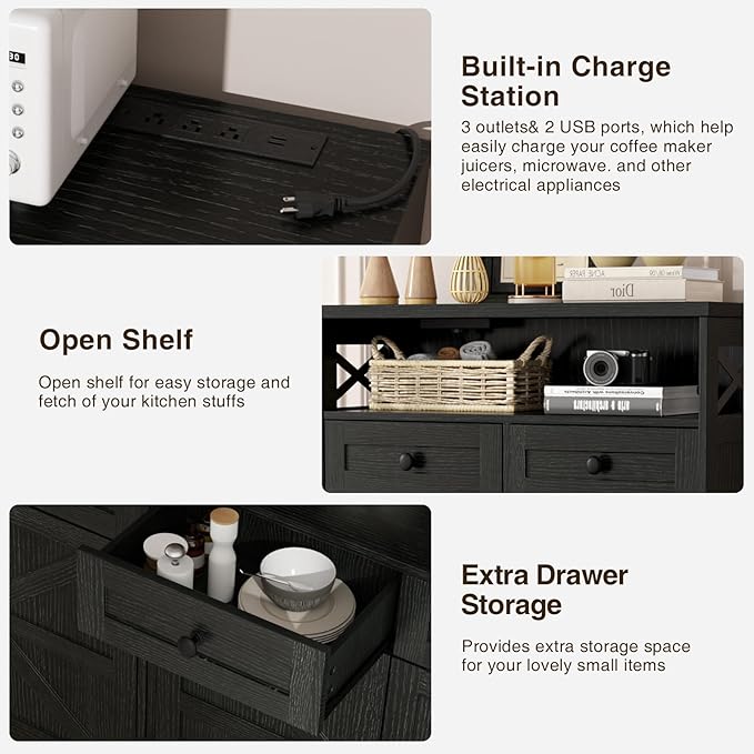 31.5" Black Storage Cabinet with Drawers and Shelf, Farmhouse Sideboard Buffet with Storage, Kitchen Pantry Hutch, Coffee Bar Cabinet Station Table for Kitchen, Living, Dining Room