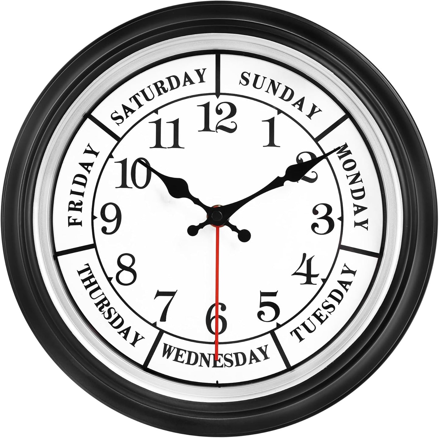 45MinST 12 Inches Retro Wall Clock,Day of The Week Wall Clock,Calendar Day Clock,Silent Non Ticking Battery Operated Movement(Silver)