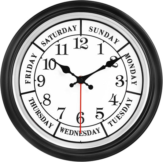 45MinST 12 Inches Retro Wall Clock,Day of The Week Wall Clock,Calendar Day Clock,Silent Non Ticking Battery Operated Movement(Silver)