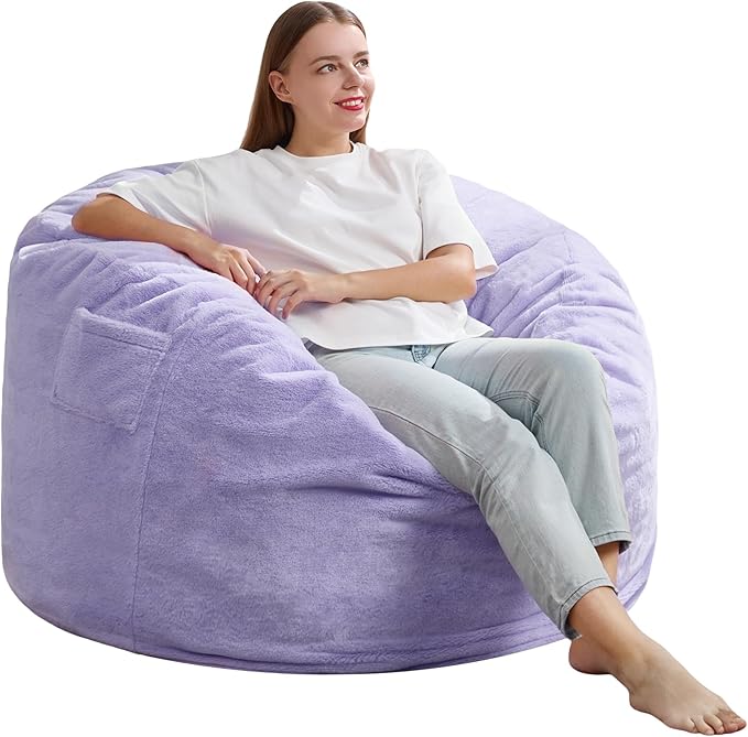 Hobestluk 3FT Bean Bag Chairs for Adults Large Beanbag Chair with Plush Faux Fur Cover Big Bean Bag Chair for Living Room Bedroom Dorm Office -Purple (36” x 36” x 22”)
