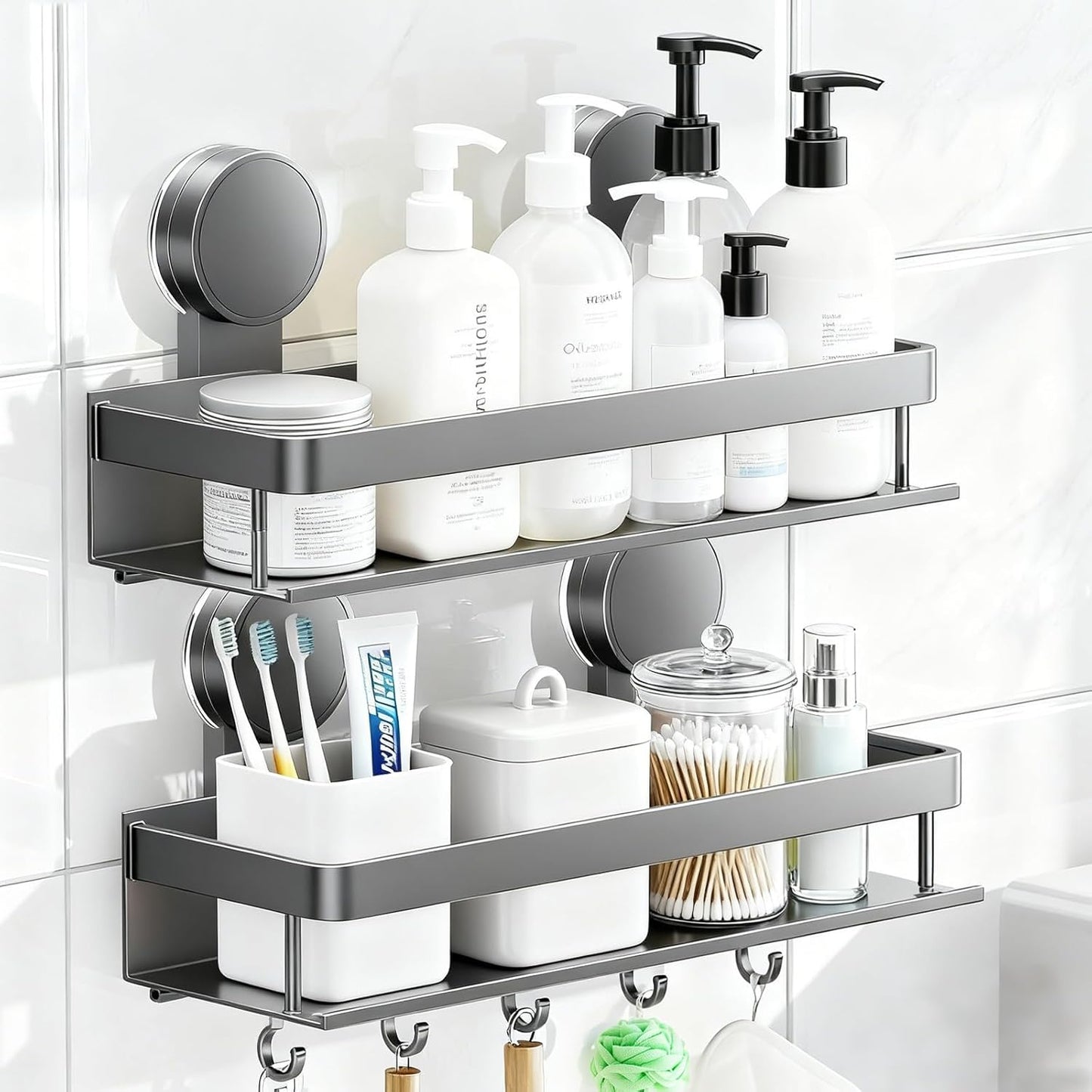 ONXE Suction Cup Shower Caddy,2 Pack Spice Rack No-trace for Bathroom with 5 Hook Rack for Smooth Wall, Seasoning Organizer Stuff Storage Shelf,Home Kitchen Accessories Gadgets